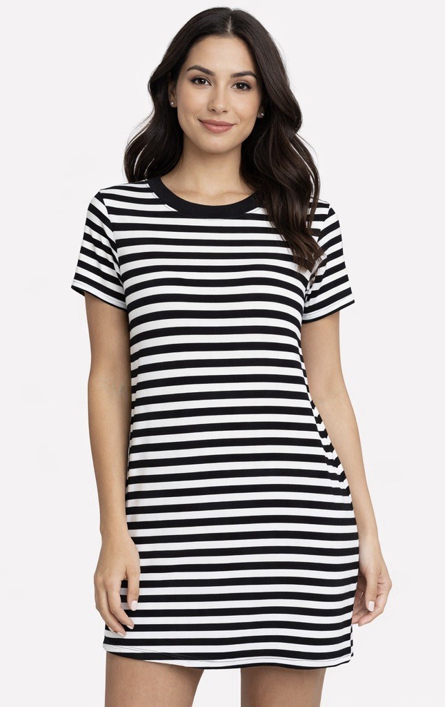 Love, Fire Black White Striped T-Shirt Dress Womens Large Stretch Casual Mini