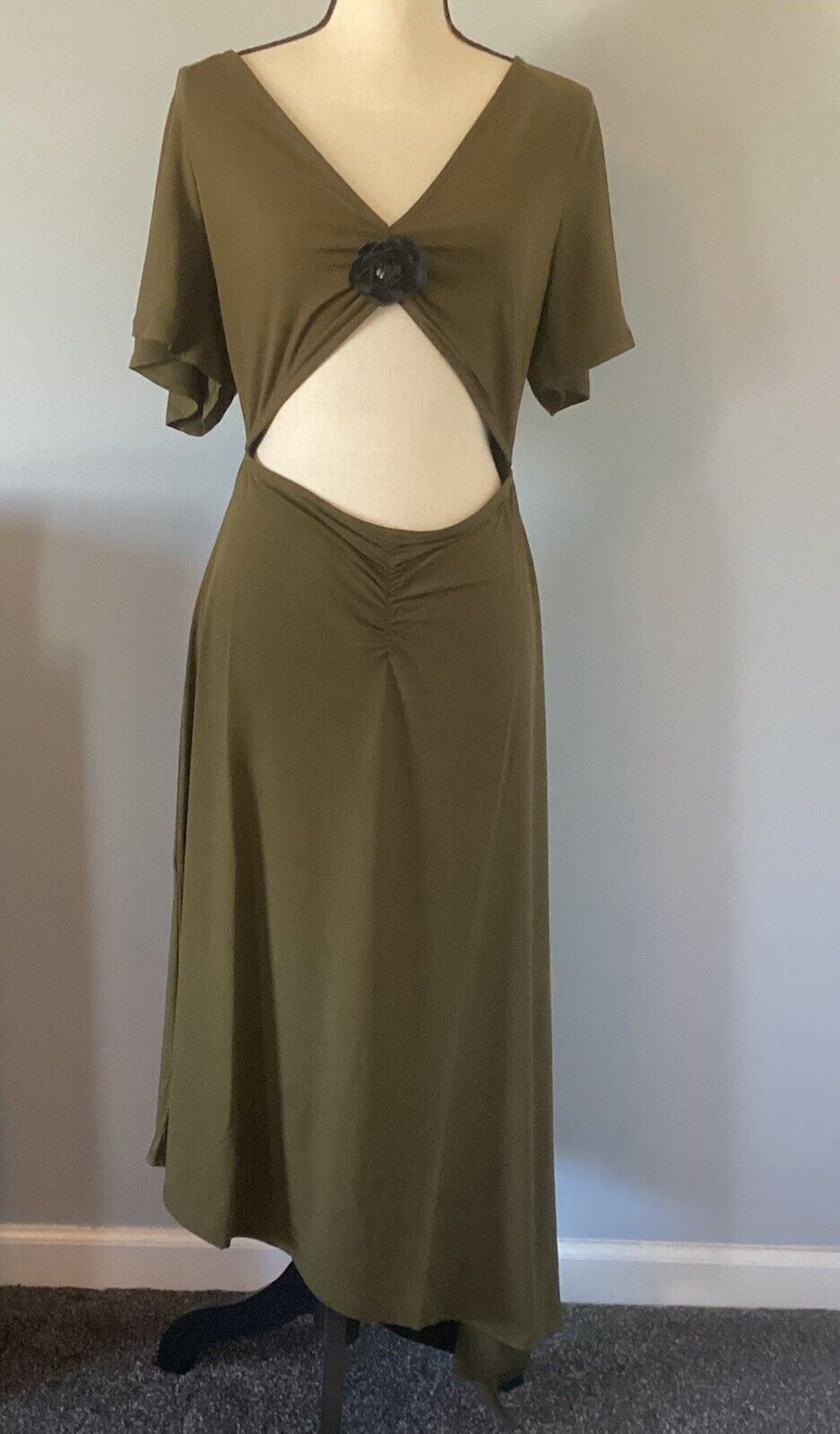 We Wore What Cutout Middrift Military Olive Green Asymmetric Midi Dress Size LG