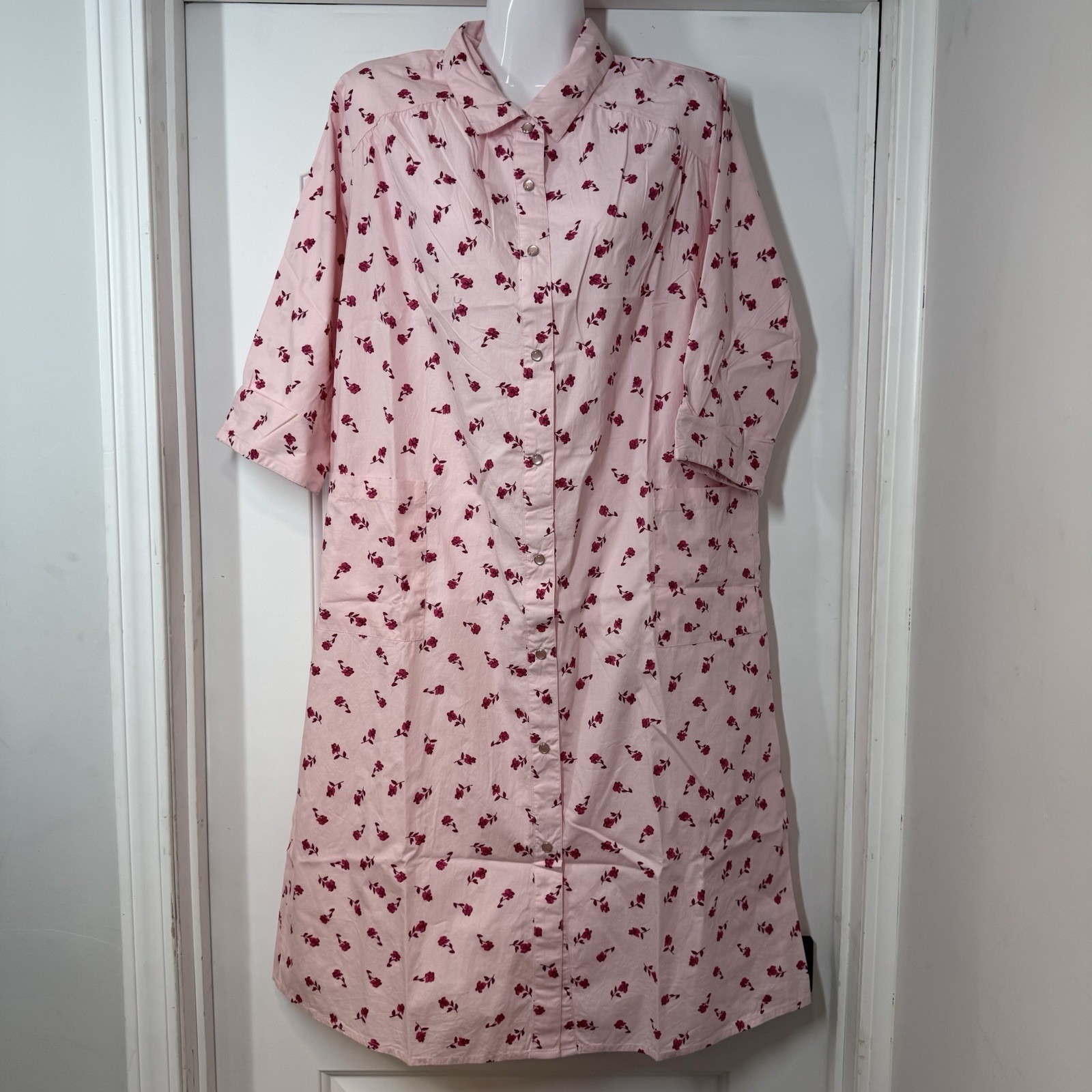 NWT National House Patio Dress PM Pink Floral Muumuu Pearl Snap Robe Artsy VTG