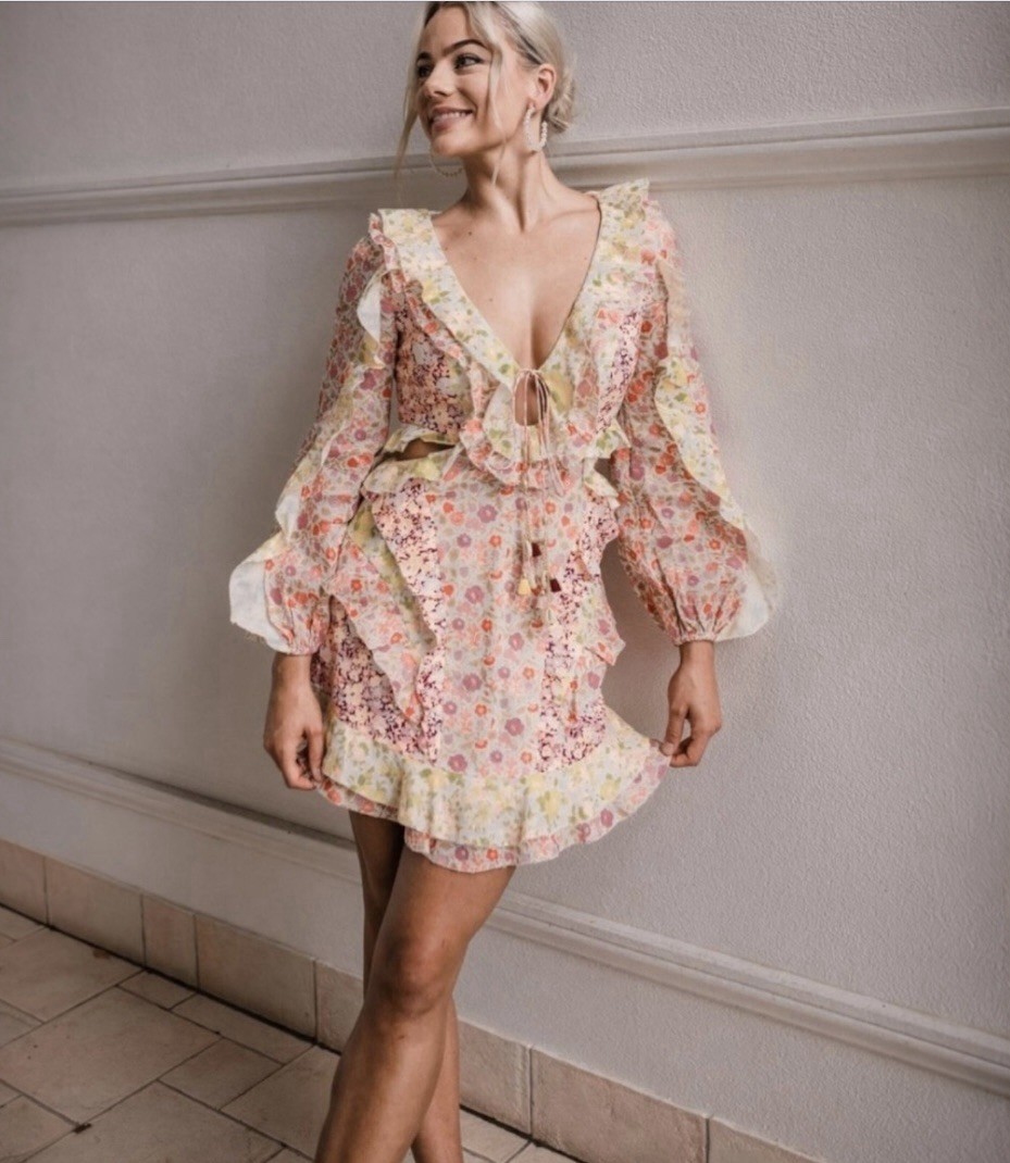Zimmermann Mini Dress Goldie Spliced Size 1 AU10 US6 Cut Out Floral Ruffle