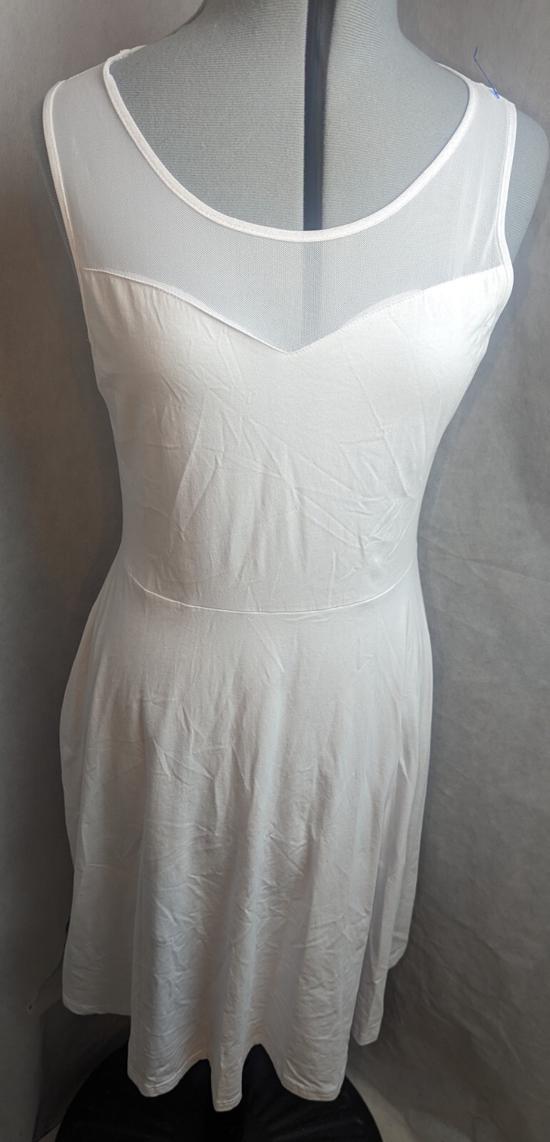 Ineffable Size Medium Cotton Spandex White fit n flare Dress Sheer Mesh Top.