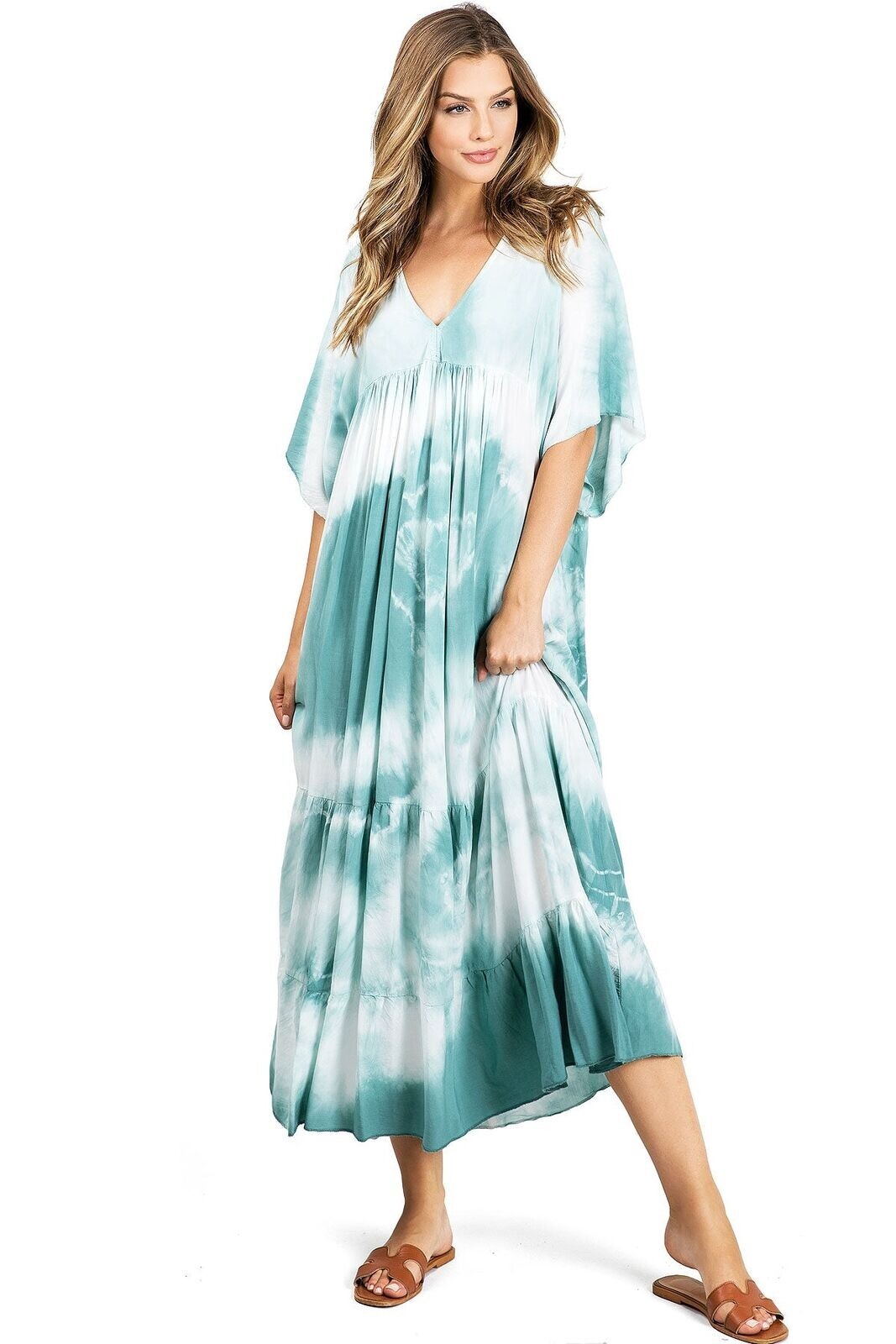 $78 Venti6 Casual Blue Tie Dye V-Neck Kaftan Dress for Beach, Travel-Size Small
