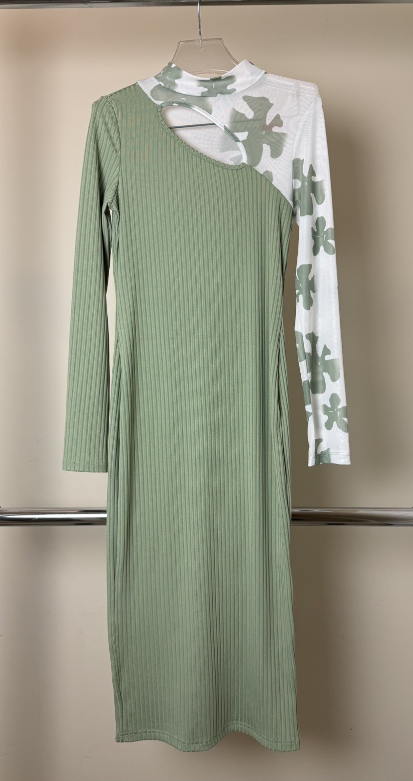 SHEIN Bodycon Midi Dress Mock Neck Long Sleeve Asymmetrical Cut Out Sz M