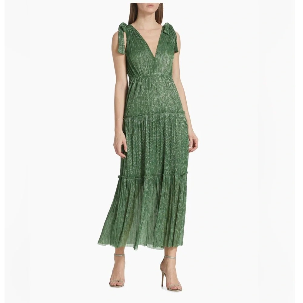 Sabina Musayev Helena Maxi Dress Basil Green Plisse Pleat Tie Shoulder SZ M