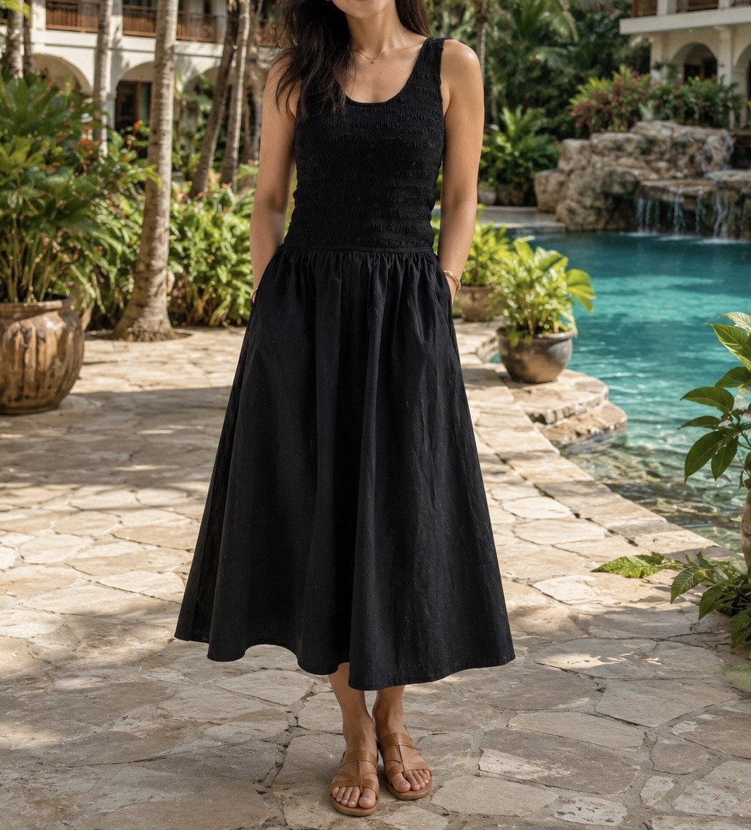 Sincerely Jules Black Cotton Sundress Midi Dress Smocked Bodice Size M NWT