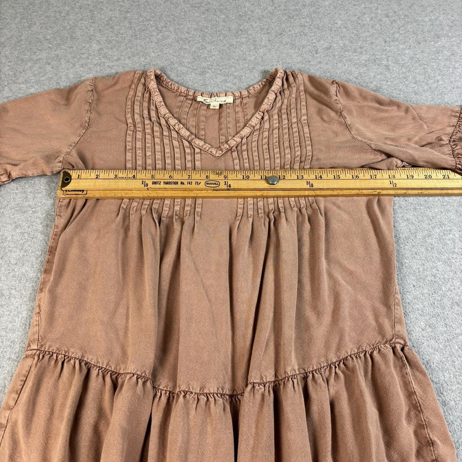 Solitaire Dress Women Large Brown Trapeze Swing Tunic Ruffle Embroidered Boho