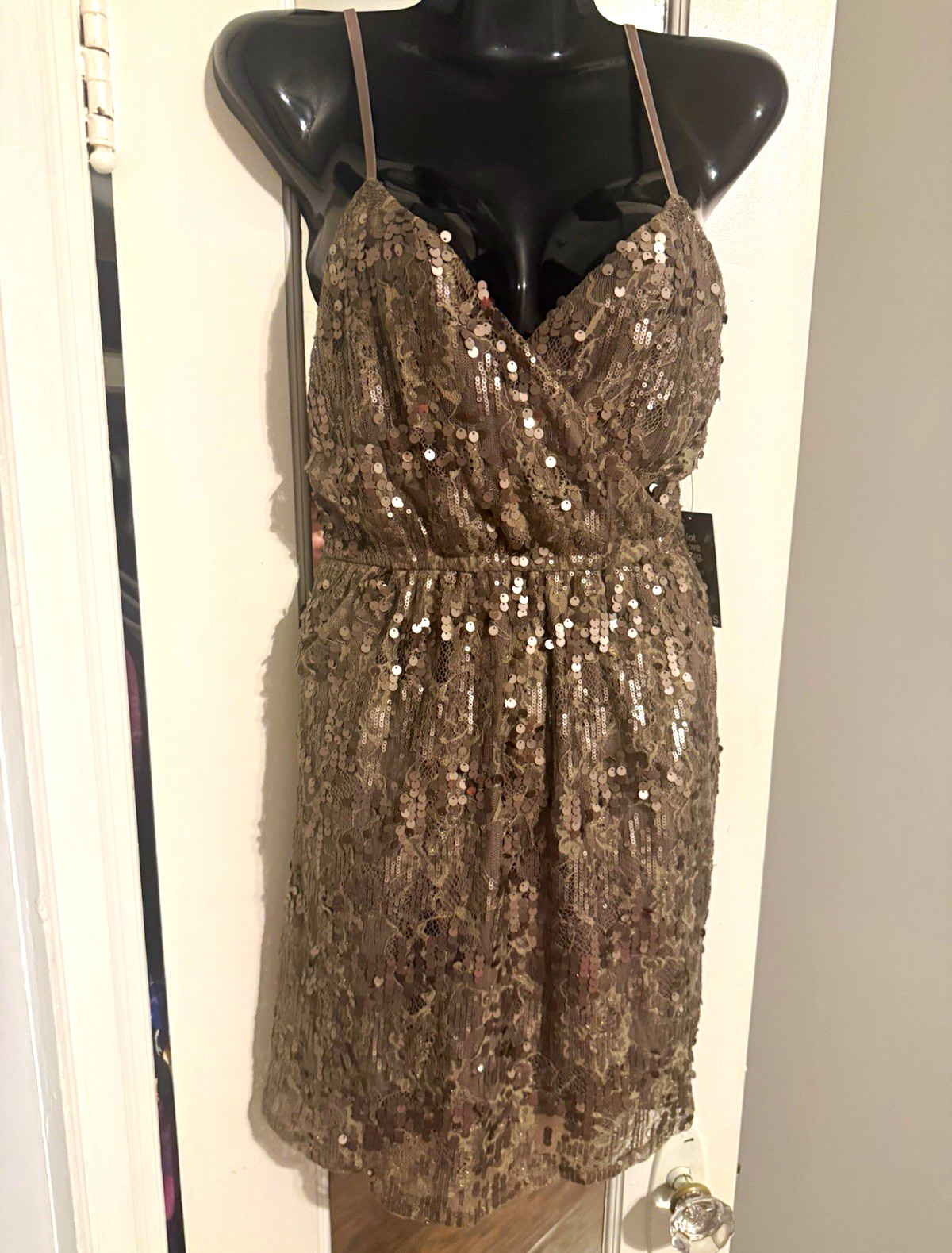 NWT Express Taupe Champagne Sequin Lace Crossover Surplice Slip Dress XS