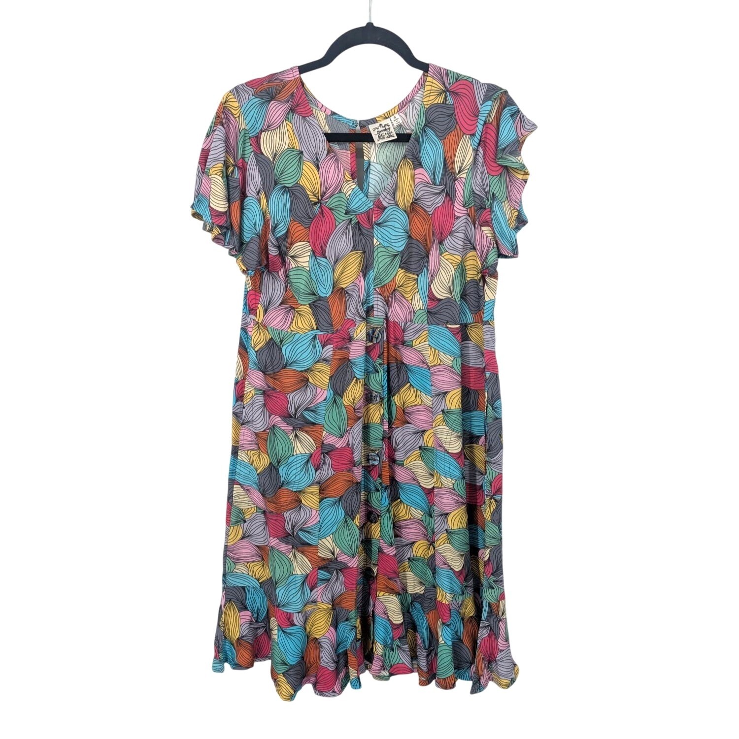 Abstract Leaf Print Dress Button Front Boho Retro Artsy Bohemian Colorful Small