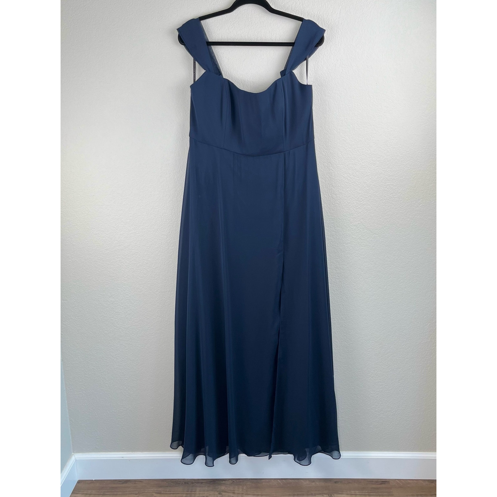 After Six Navy Lux Chiffon Gown Off Shoulder Formal Maxi 4 Prom Wedding NWOT