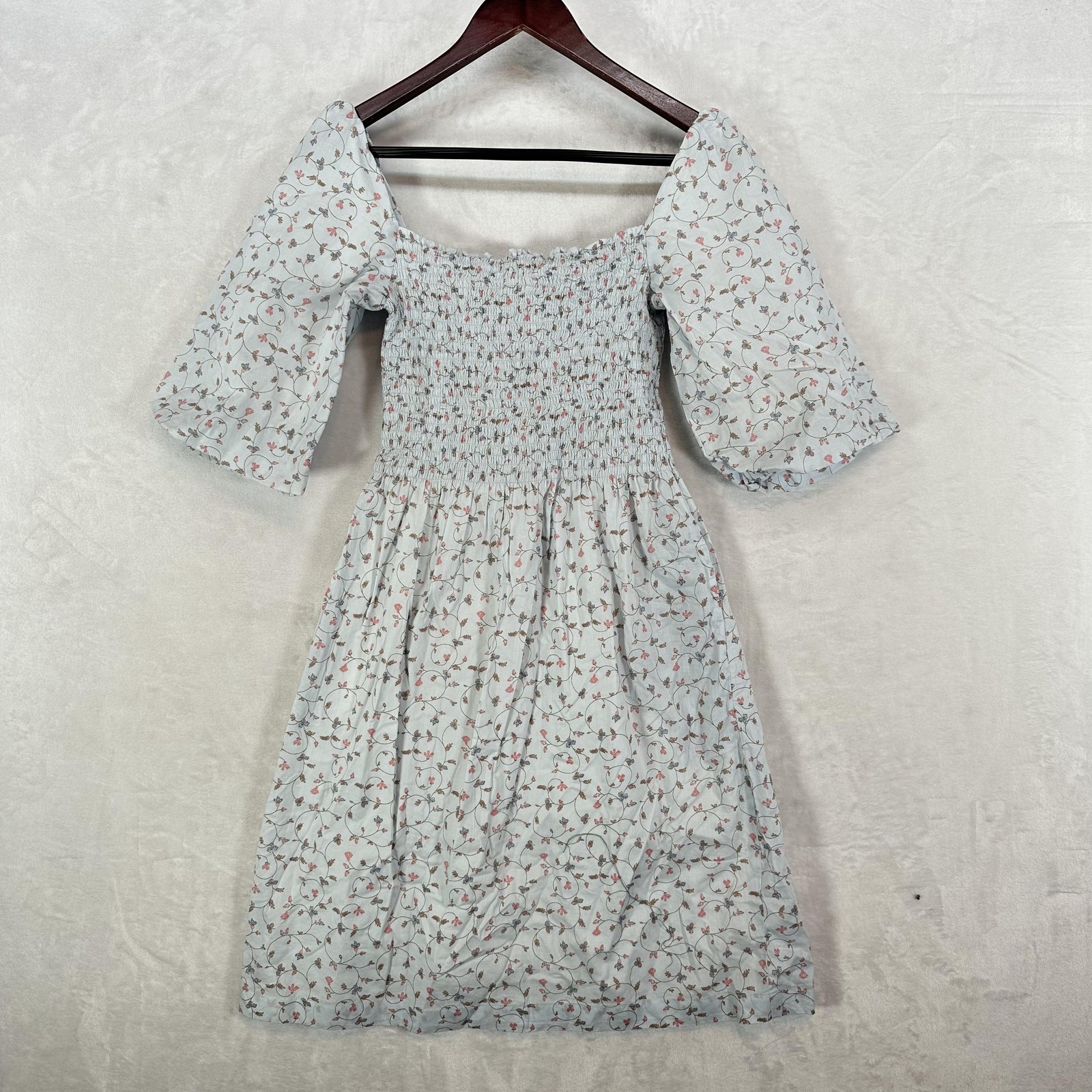 Hope & Henry Dress Women 2 Blue Floral Smocked Puff Sleeve Organic Cotton