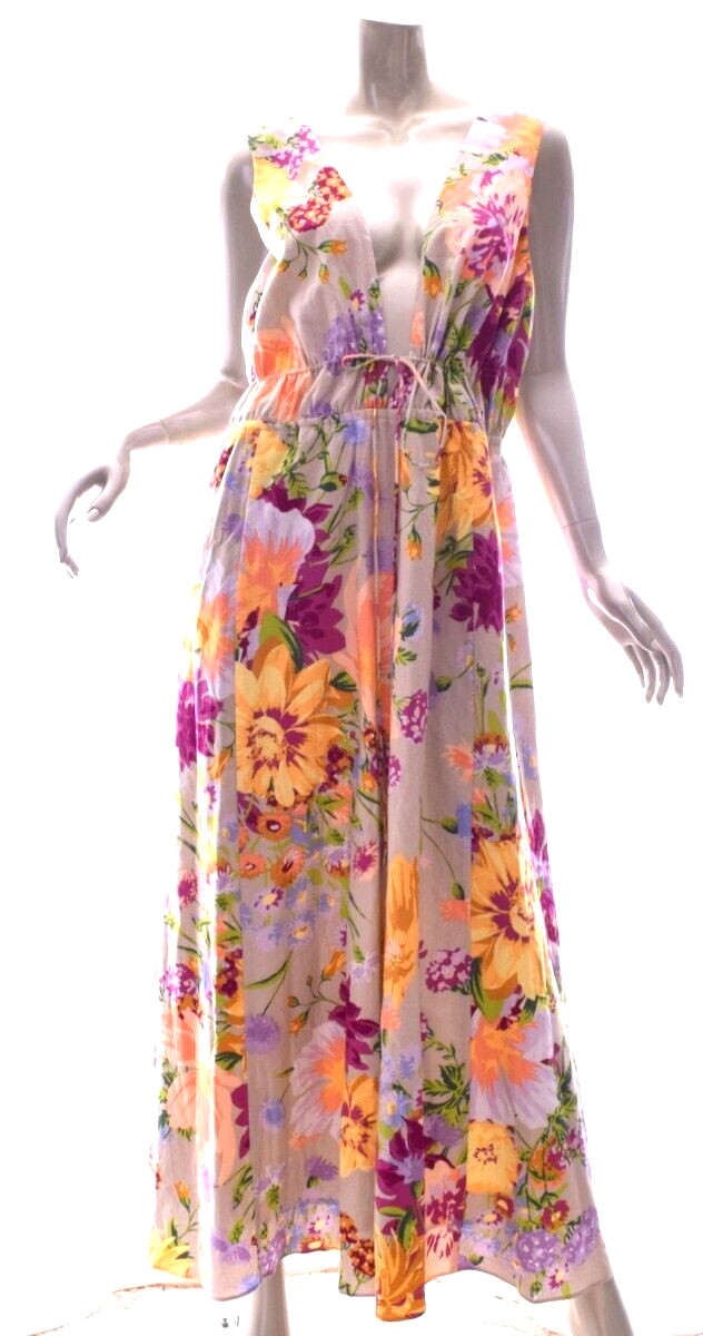 H&M Lin Melange Linen Blend Floral Maxi Deep V Neck Dress Size XL NWT