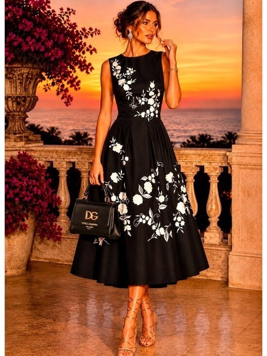 Carolina Herrera floral embroidered silk faille fit & flare dress Size M, 8 US