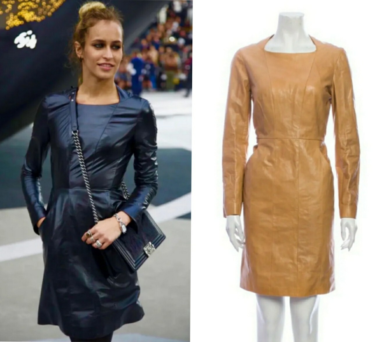 9K Chanel 2017 Tan Leather Midi Dress 34 36 38 2 4 6 CC Logo Button S M