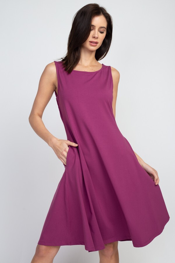 Yelete Lady’s Sleeveless Comb-Cotton A-Line Dress with Pockets