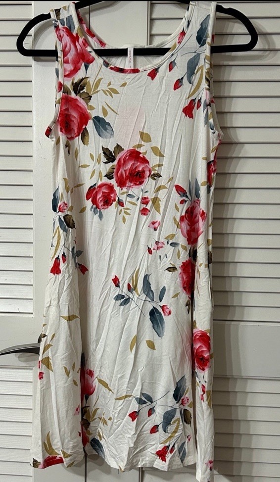 BISHUIGE Sleeveless Floral A-Line Dress White Red Green Knee Length Size S