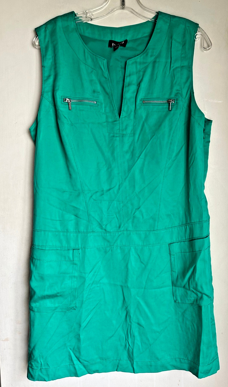 Bebe Deep Green Shift Mini Dress with Zip Chest Pockets Size 12