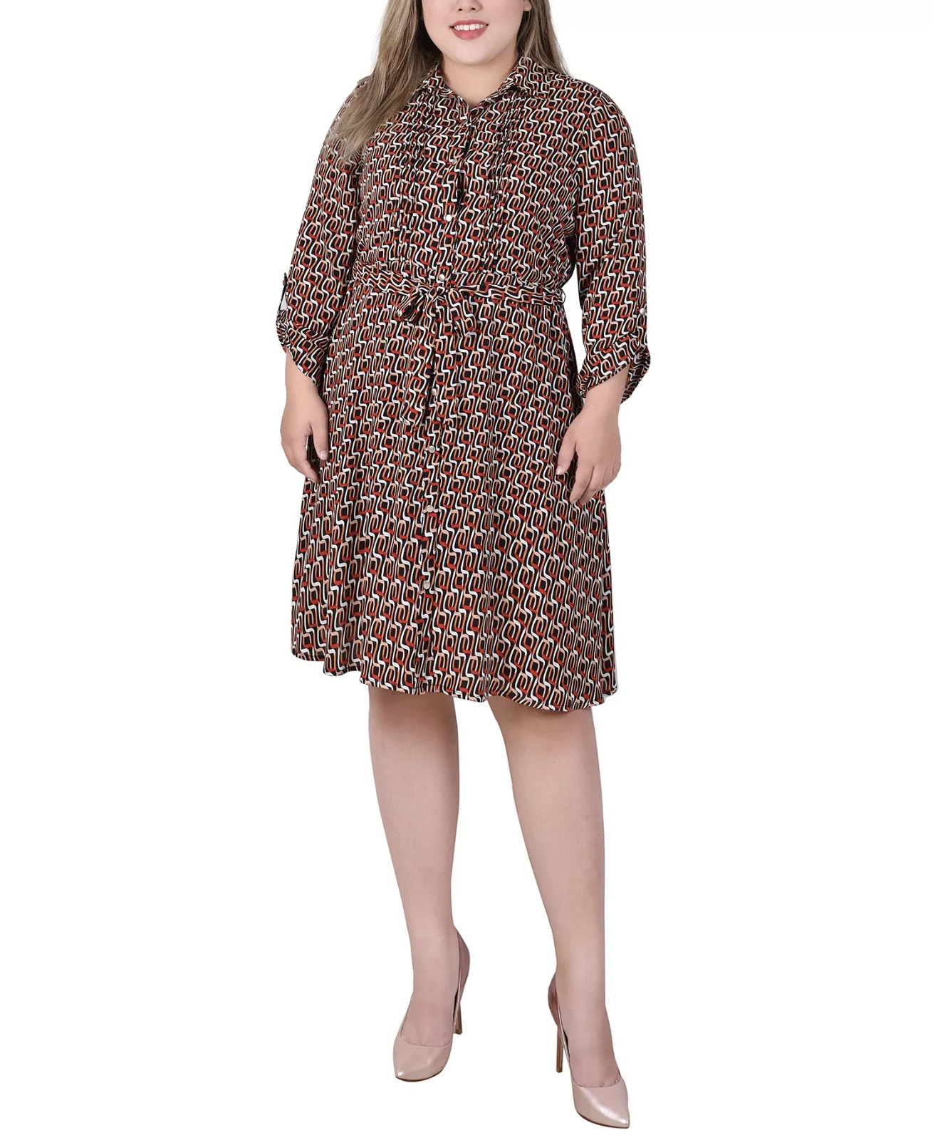NY Collection Plus Size Long Roll Tab Sleeve Dobby Dress Multi Size 2X 1787