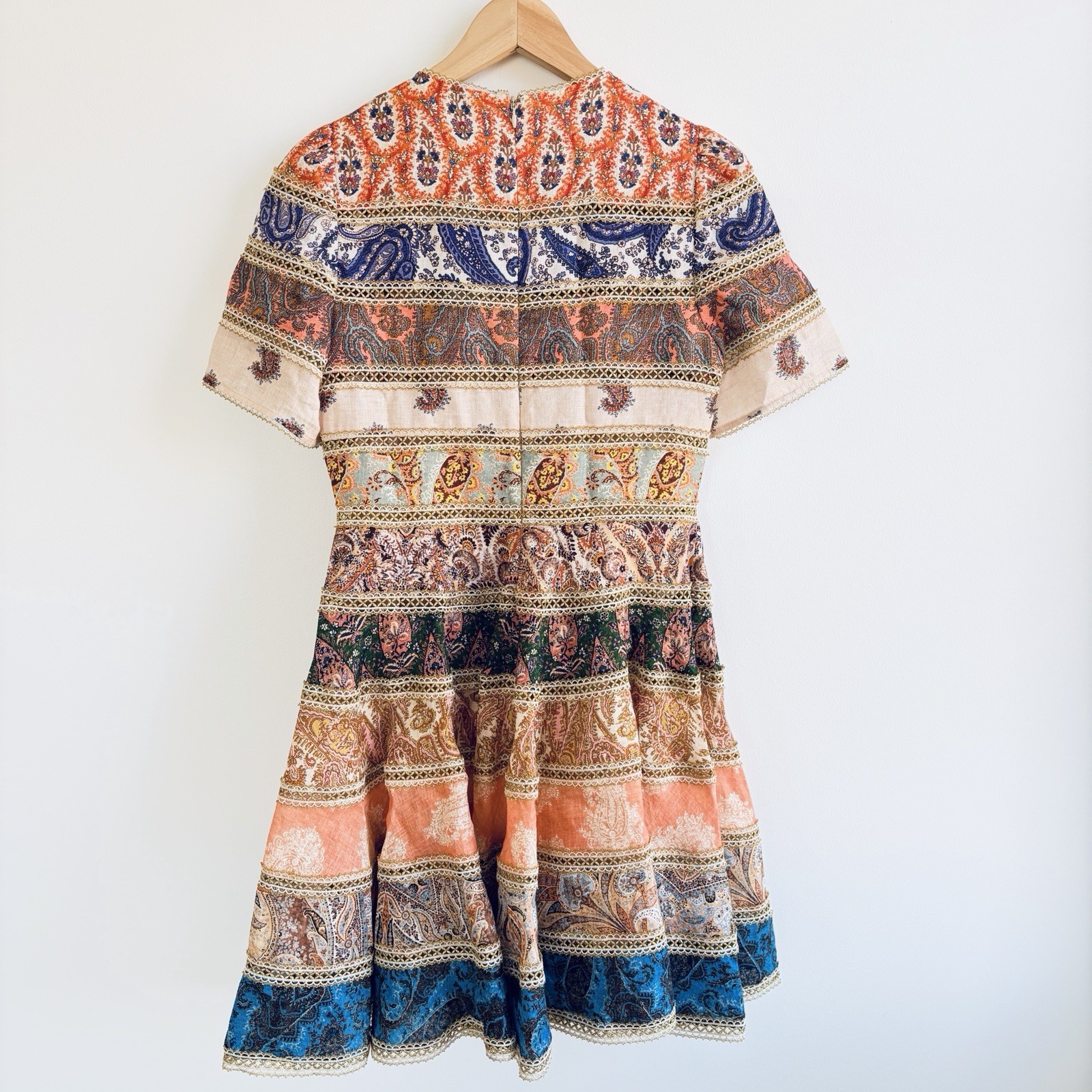 Zimmermann Devi Spliced Mini Dress Size 1/AU 10/US 8 Gold Trim Paisley Rare EUC