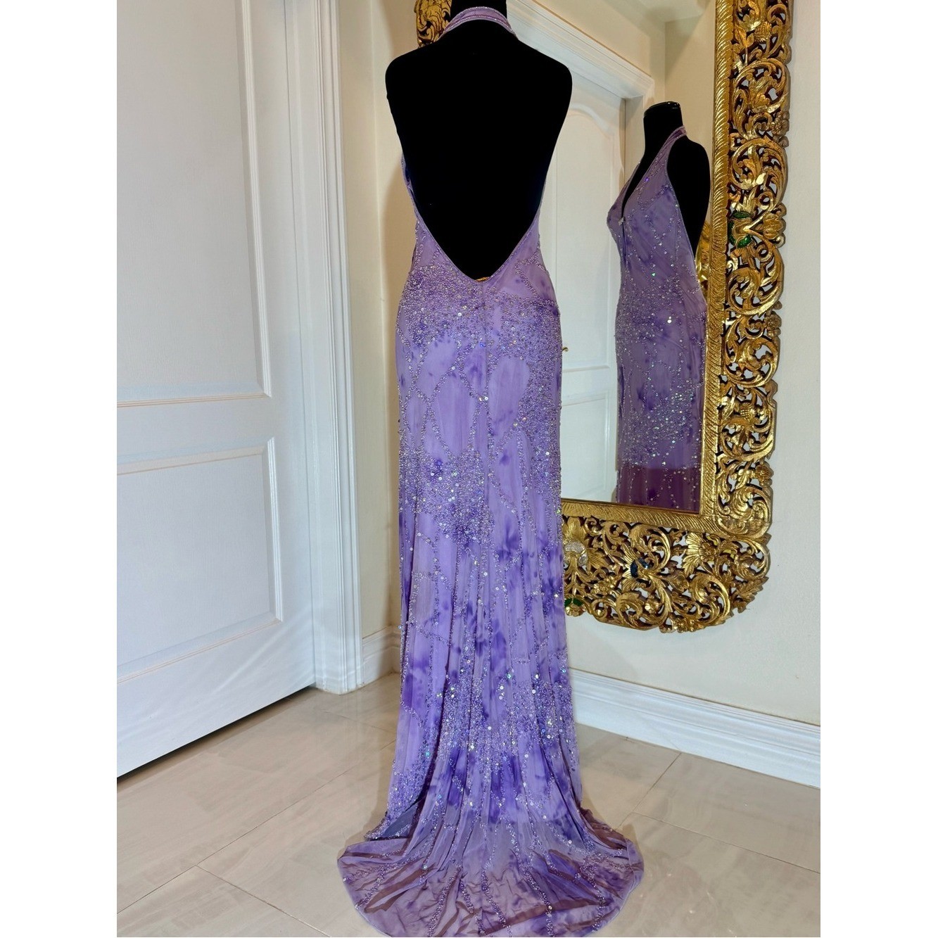 Lavender hand beaded Halter-Sequin Evening Gown on stretch. Attitudes by.Debra