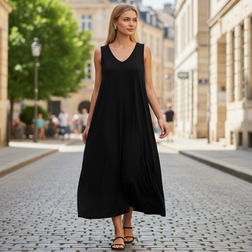 Eileen Fisher Jersey Dress Size M Black Sleeveless Versatile Classic Minimalist