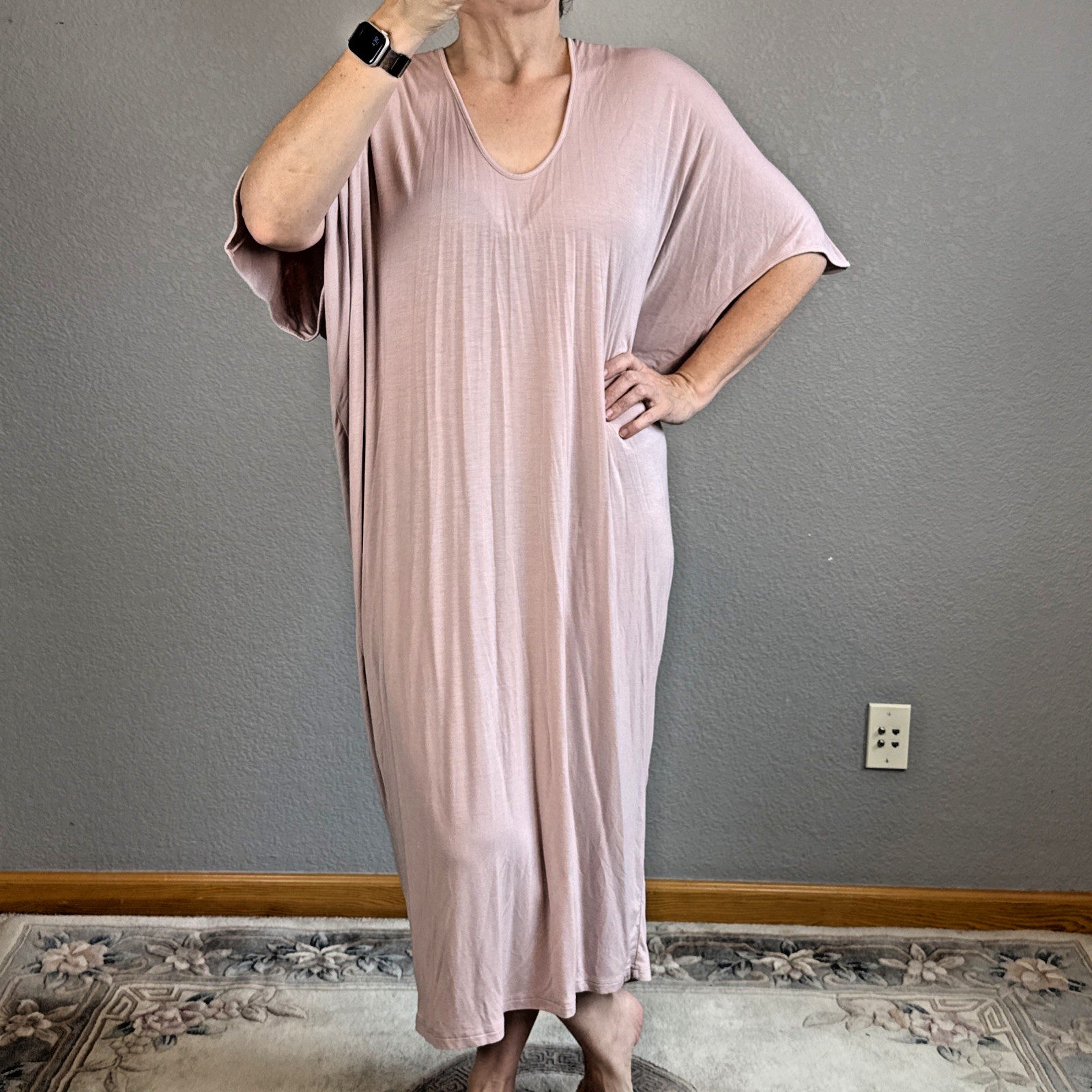 Barefoot Dreams Luxe Milk Jersey Womens Caftan Dress OS One Size Faded Rose Pink