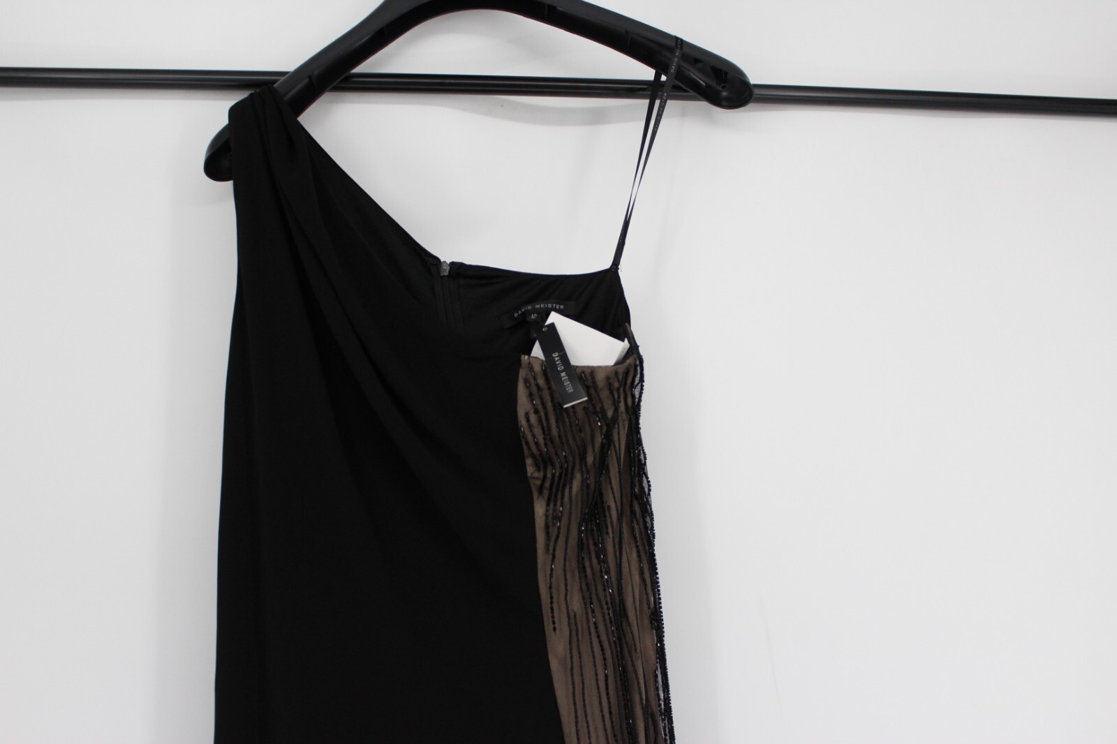 DAVID MEISTER Black 1-Shoulder Long Beaded & nude Side Formal Dress Size 12 $648