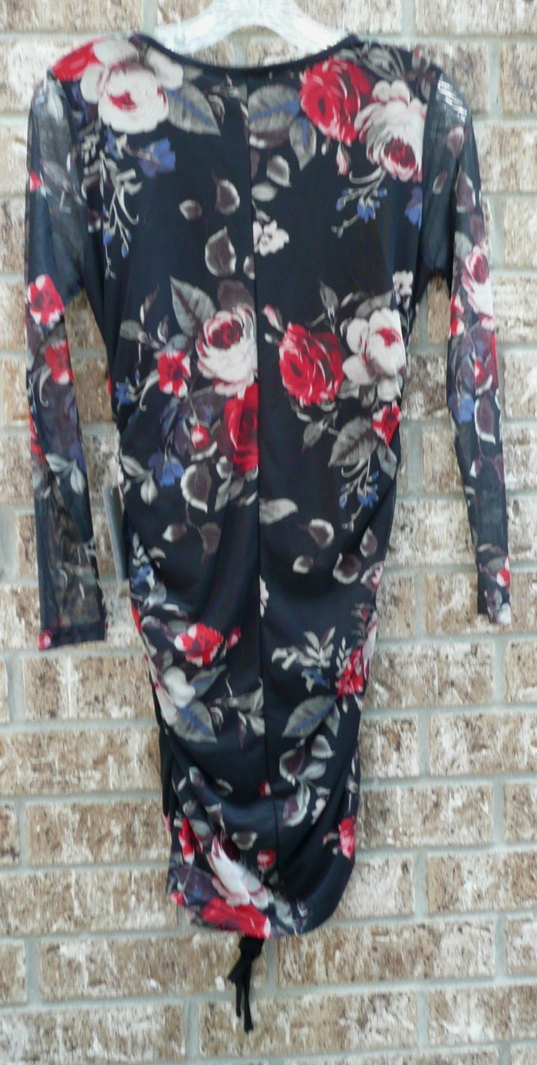 J for Justify Dress Size M Hem Tie Ruched Bodycon Black Floral Roses Long Sleeve
