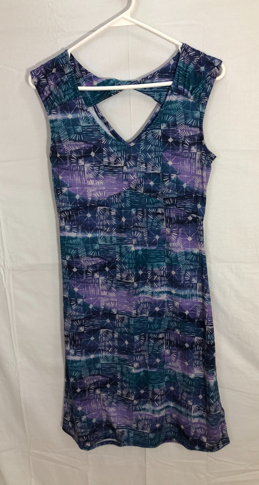 Marmot XS Sleeveless Twist Back Blue Green Purple Geometric Dress Knee Length Ac