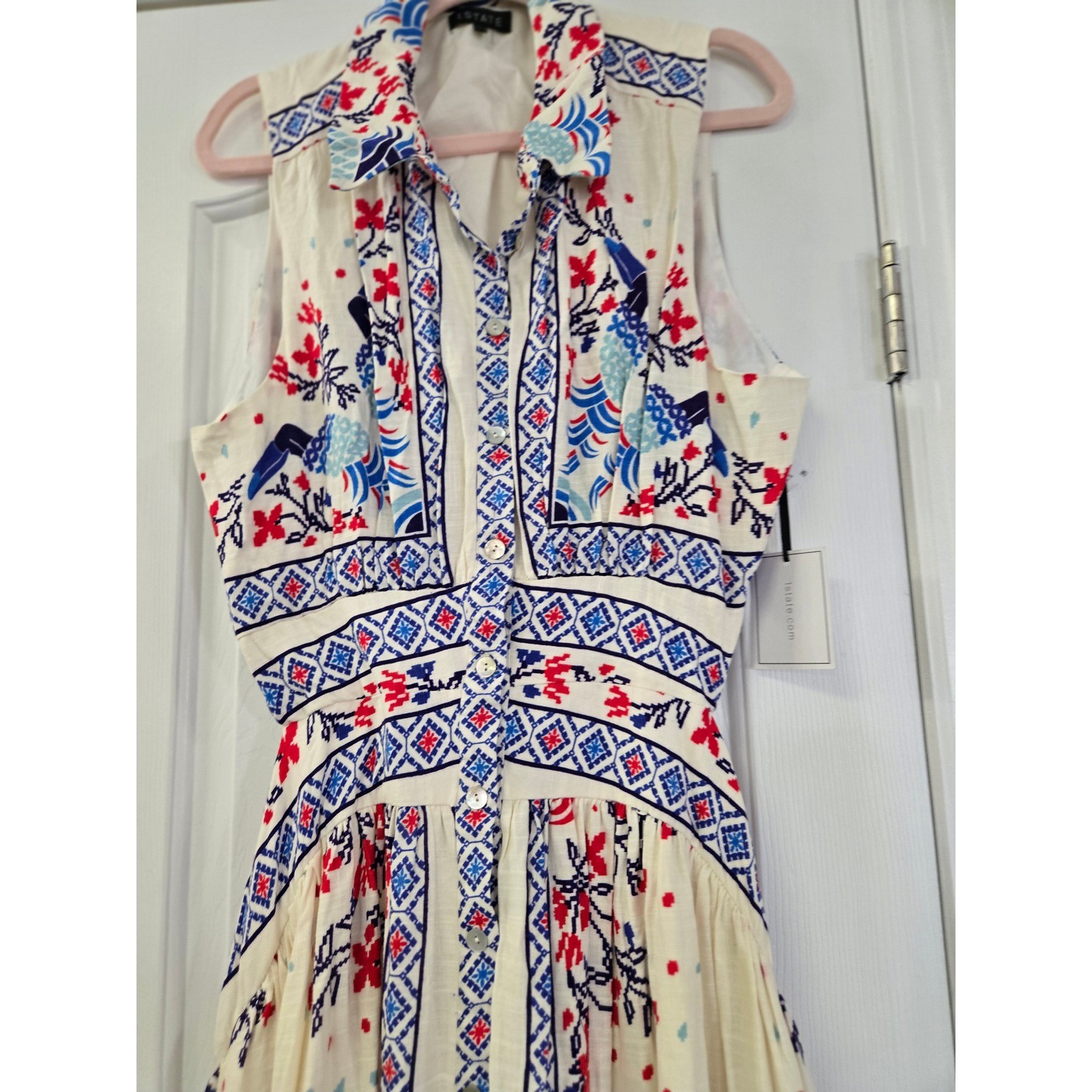 1 STATE Rayon Linen XL Geometric Floral Button Down Open Back Maxi Dress Cream
