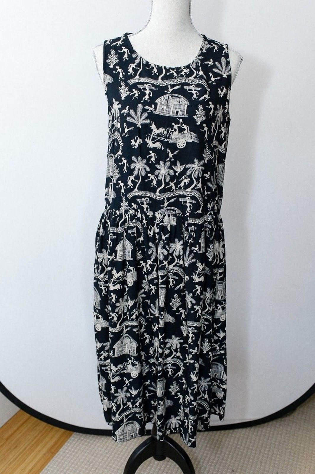Primitives Dress Small black print maxi palms birds animals lagenlook artsy boho