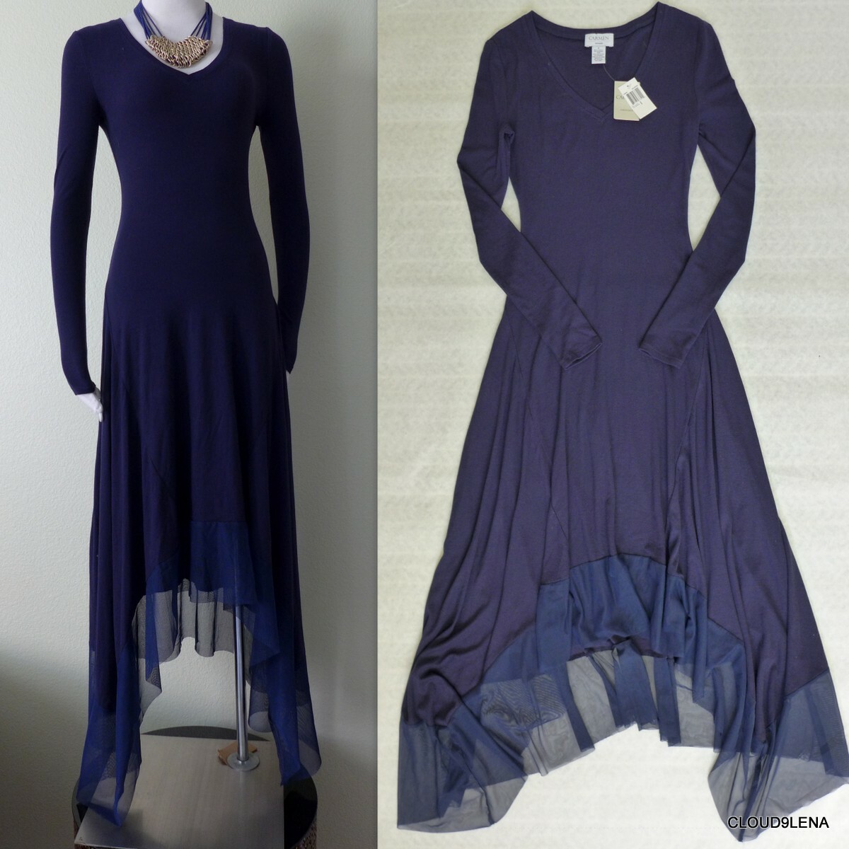 NWT CARMEN Marc Valvo Stretch Lyocell knit asymmetric hem Maxi Dress Size S