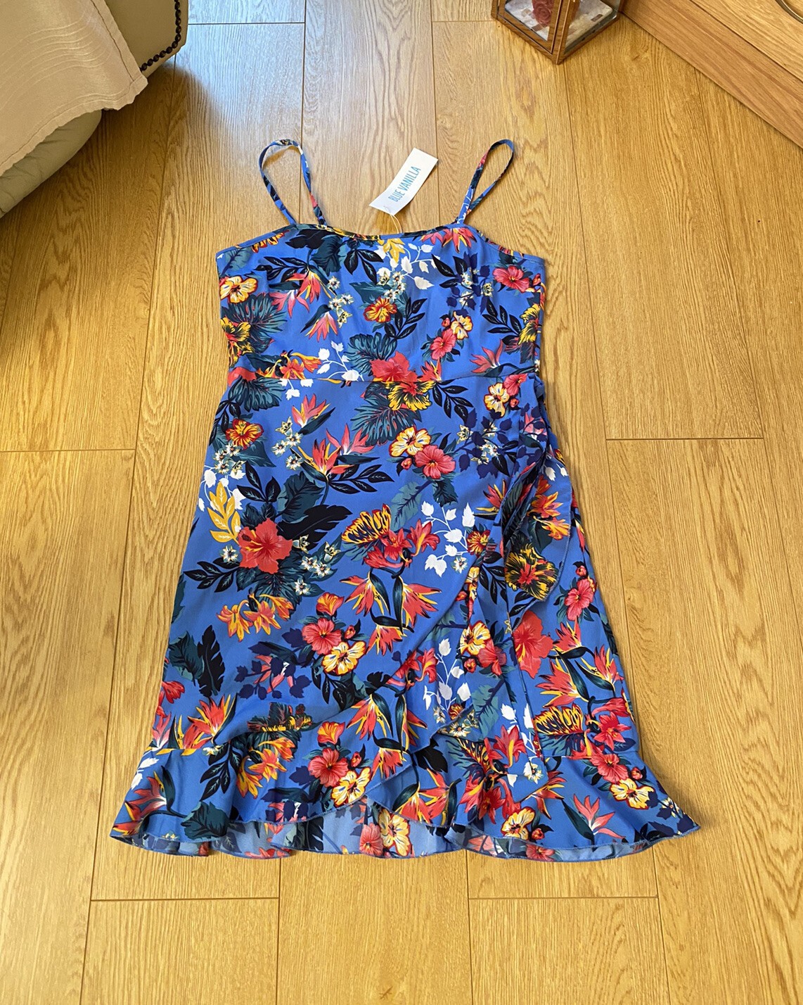 BLUE VANILLA Short Tropical Floral Blue Wrap Dress UK 14 BNWT Flowers