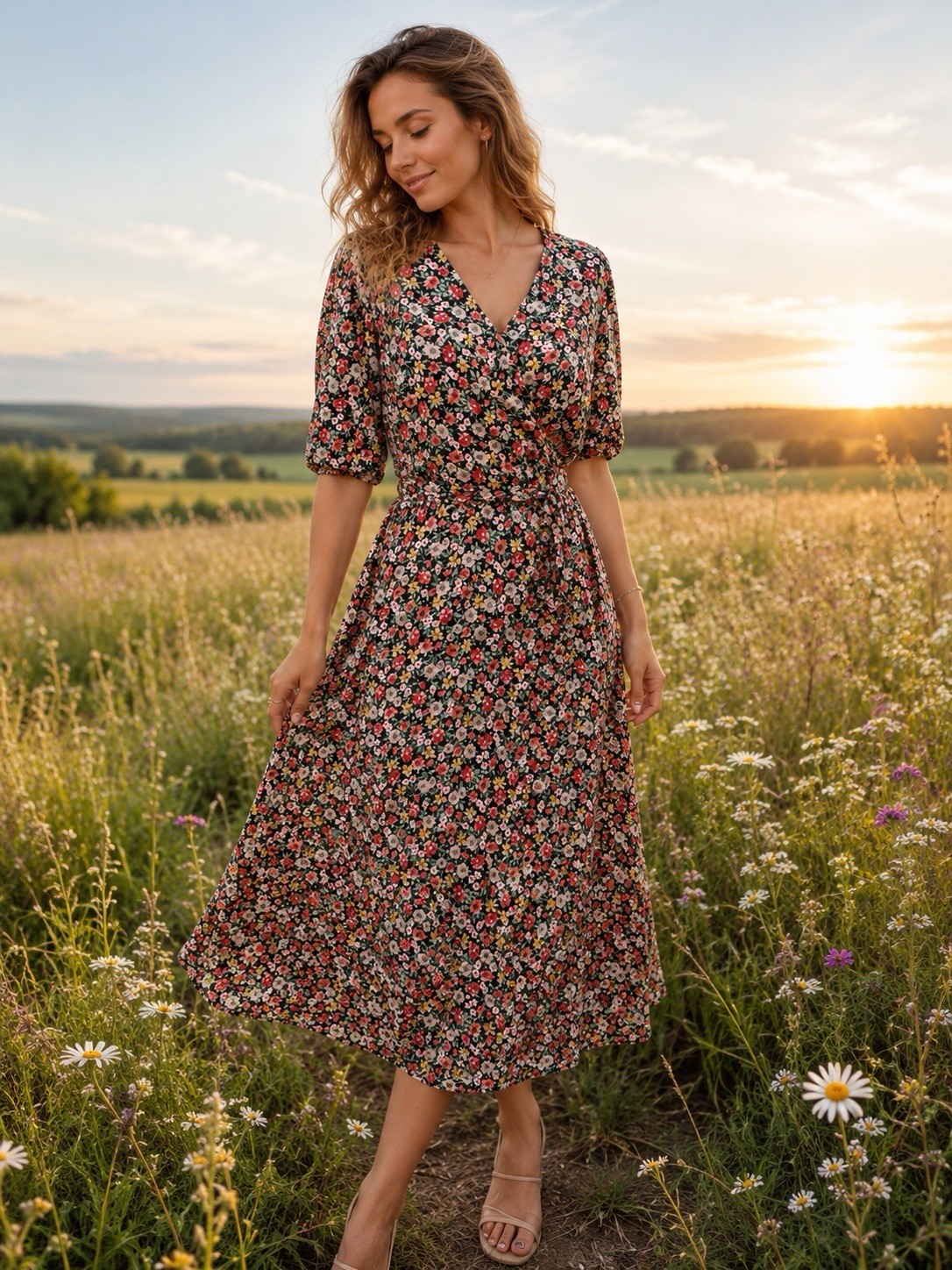 F&F Floral Wrap Midi Dress Black Pink Viscose Tie Waist UK 10 EU 38 #0236