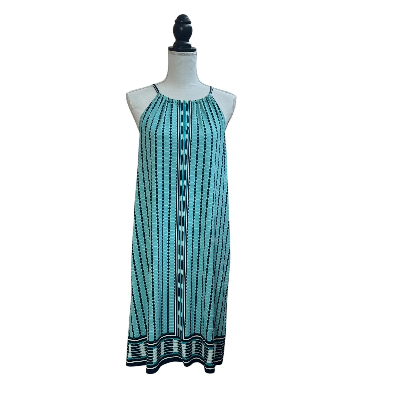Max Edition Women’s Large Aqua Black Printed Knee Length Shift Dress Sleeveless