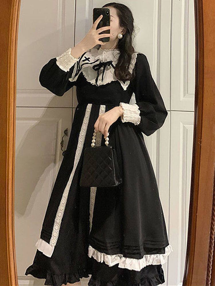 Black Japanese Victorian Gothic Lolita Women A Line Sailor Collar Patchwork Club