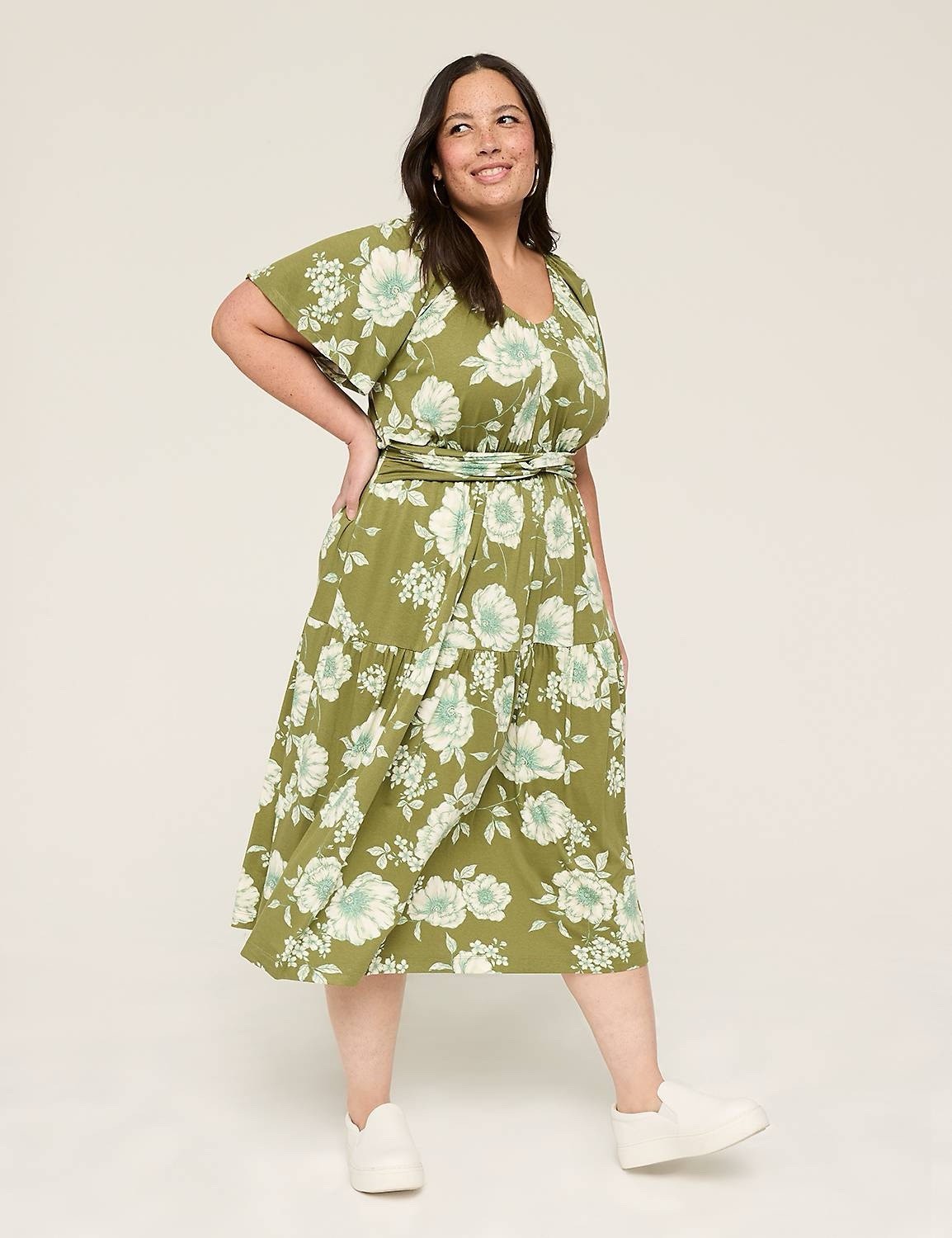 Flutter-Sleeve Twist-Waist Floral Green Maxi Dress Plus Size 4X 26/28 – D20