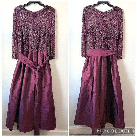 Pisarro Nights Beaded Illusion Neck Taffeta Dress Wine 10
