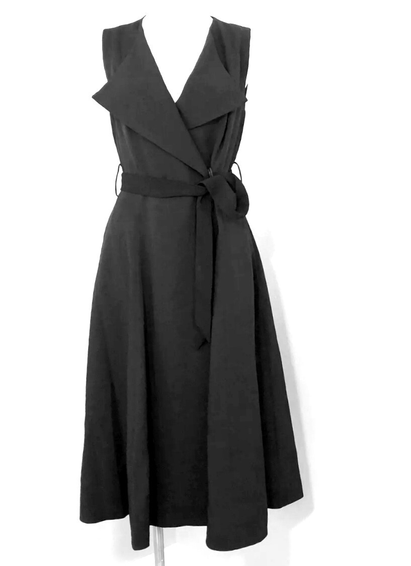 GRACIA Black Wrap Tie Waist Snap Button Sleeveless Trench Midi LBD Dress M = 6/8