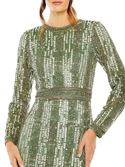 Mac Duggal Sage Green Sequin Beaded Fringe Long Sleeve Gown Size 10 $898