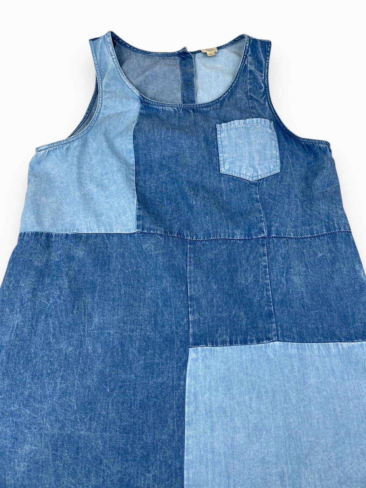 True Craft Patchwork Denim Dress Two-Tone Raw Hem Sz L
