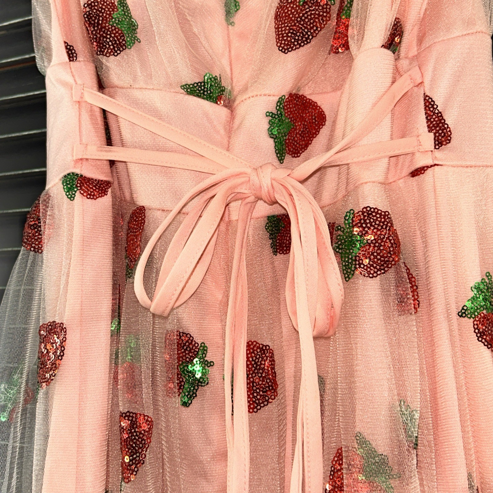 Strawberry Sequin Tulle Maxi Spring Pink Dress Retro Dress Size XL Fairy