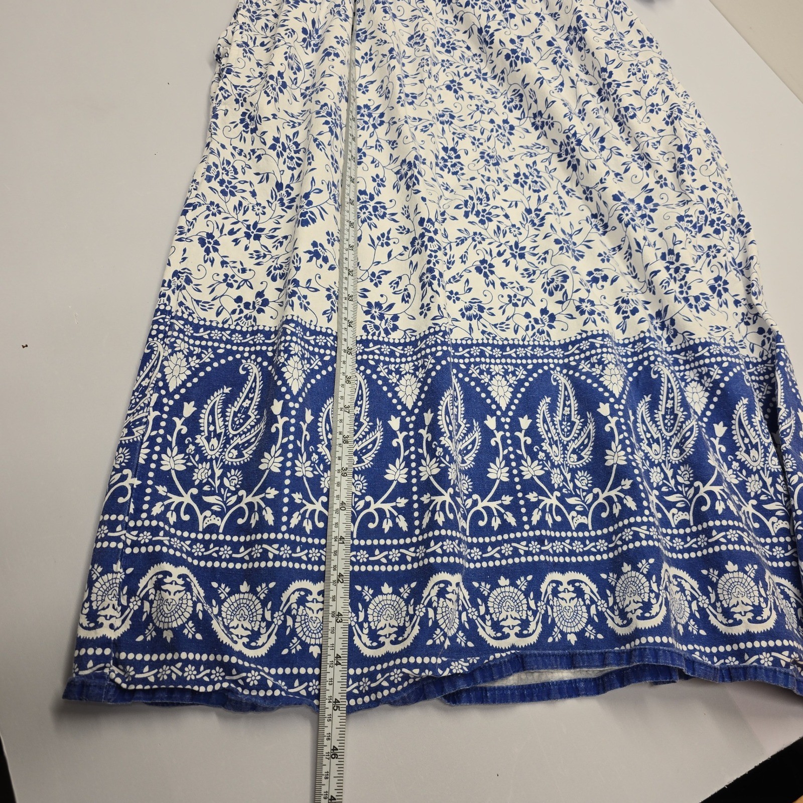 Metropolitan Blue White Floral Paisley Cotton Muu Muu House Dress Womens Medium