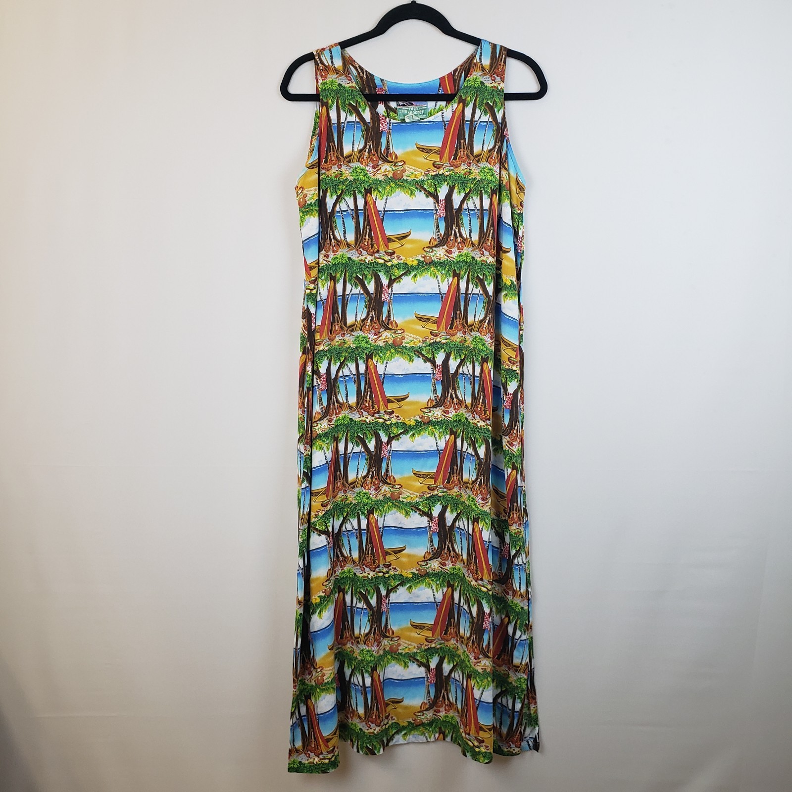 Reyn Spooner Hawaiian Dress M Sleeveless Midi Surf Board Ukeleles Palm Trees VTG