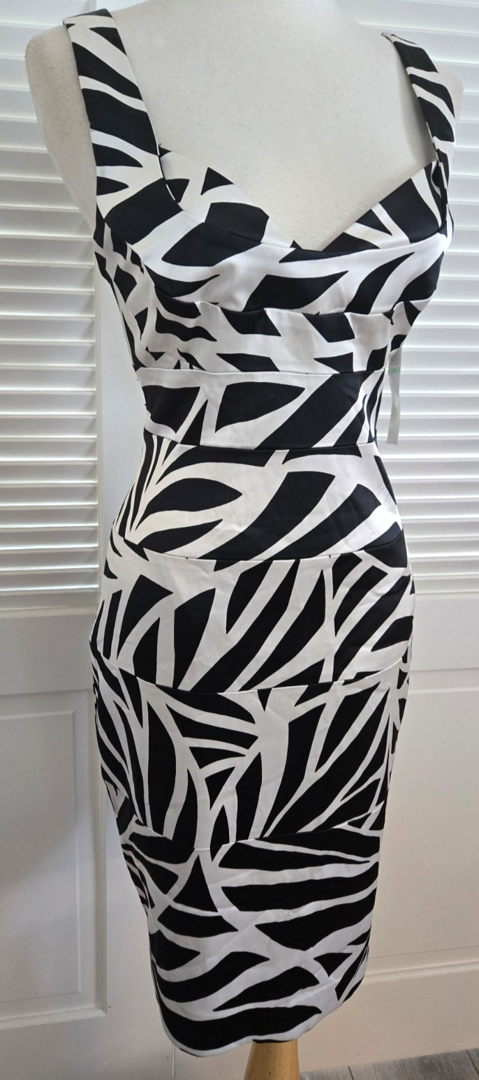 NWT~London Times Black/ Ivory Sateen Sleeveless Stretch Evening Party Dress~SZ 8