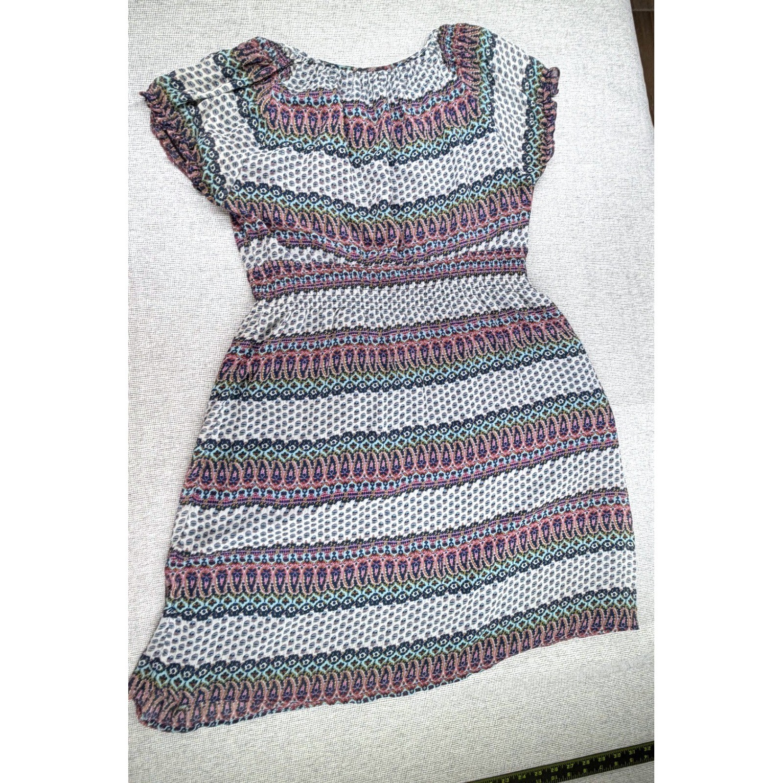Romy Boho Paisley Stripe Mini Dress XL Blue Pink Keyhole Tie Front Puff Sleeve