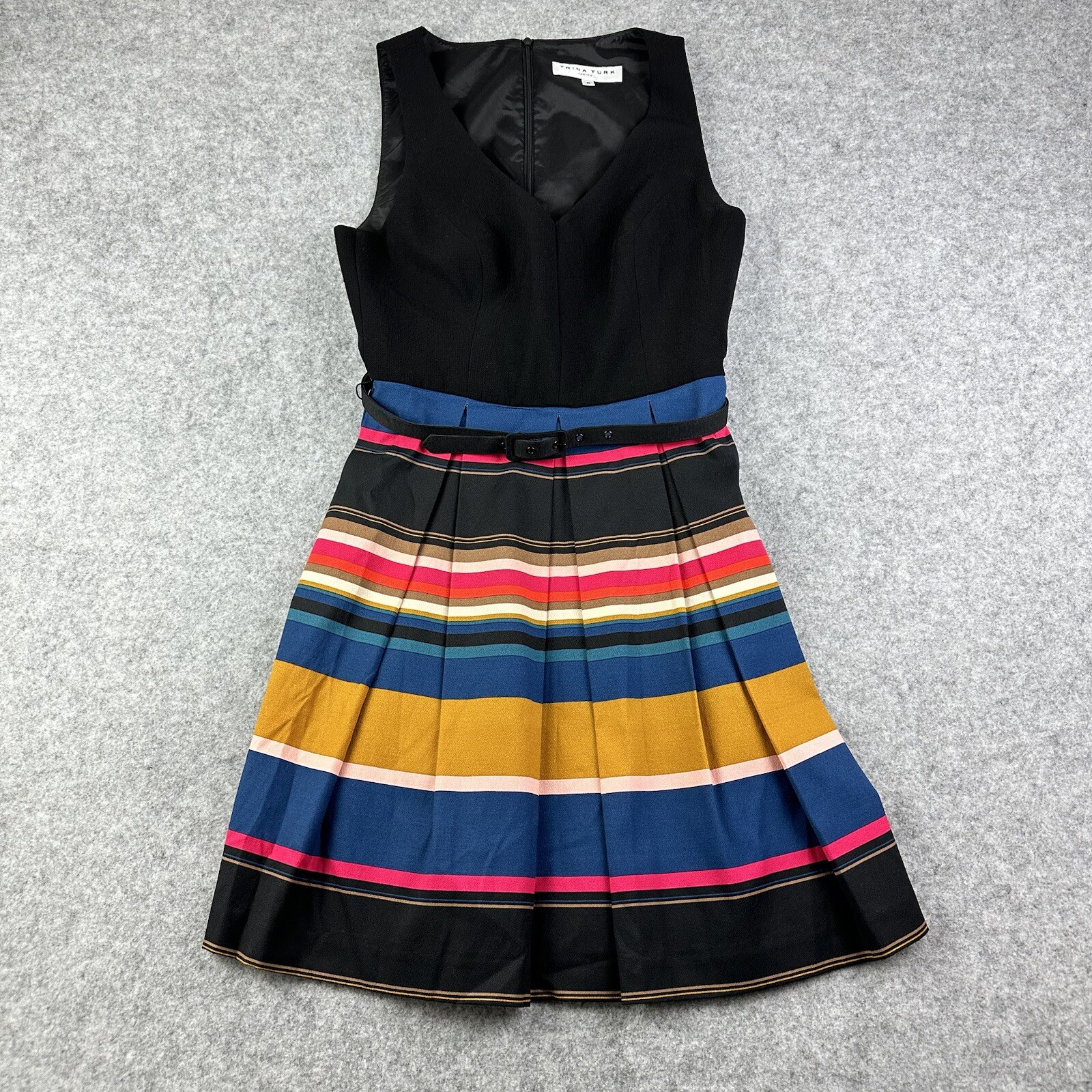 Trina Turk Dress Womens 6 Black Pleated Striped Lined Knee Length Belted Pockets