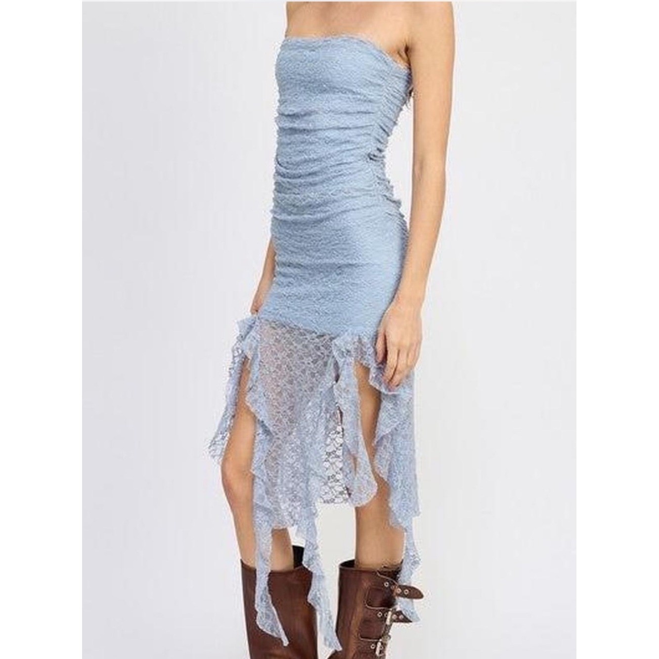 Pookie & Sebastian blue lace strapless, ruched bodycon asymmetrical hem dress
