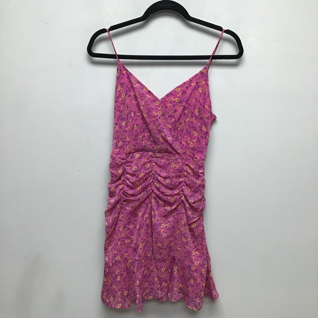 All In Favor Womens Sundress Pink Floral Ruched Mini Spaghetti Strap Lined S New