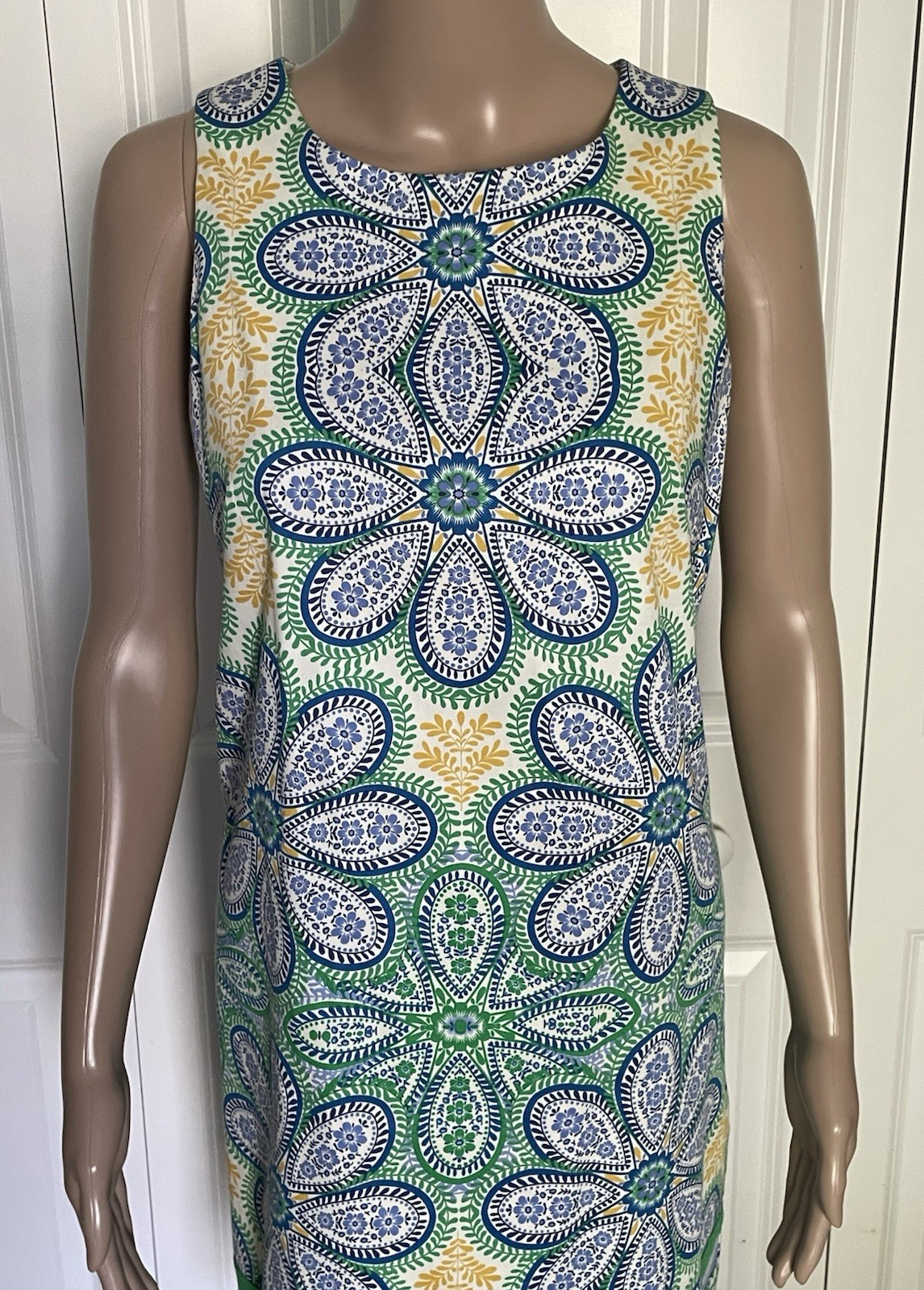 London Times 8 Blue Green Yellow Floral Cotton Blend Sleeveless Shift Dress