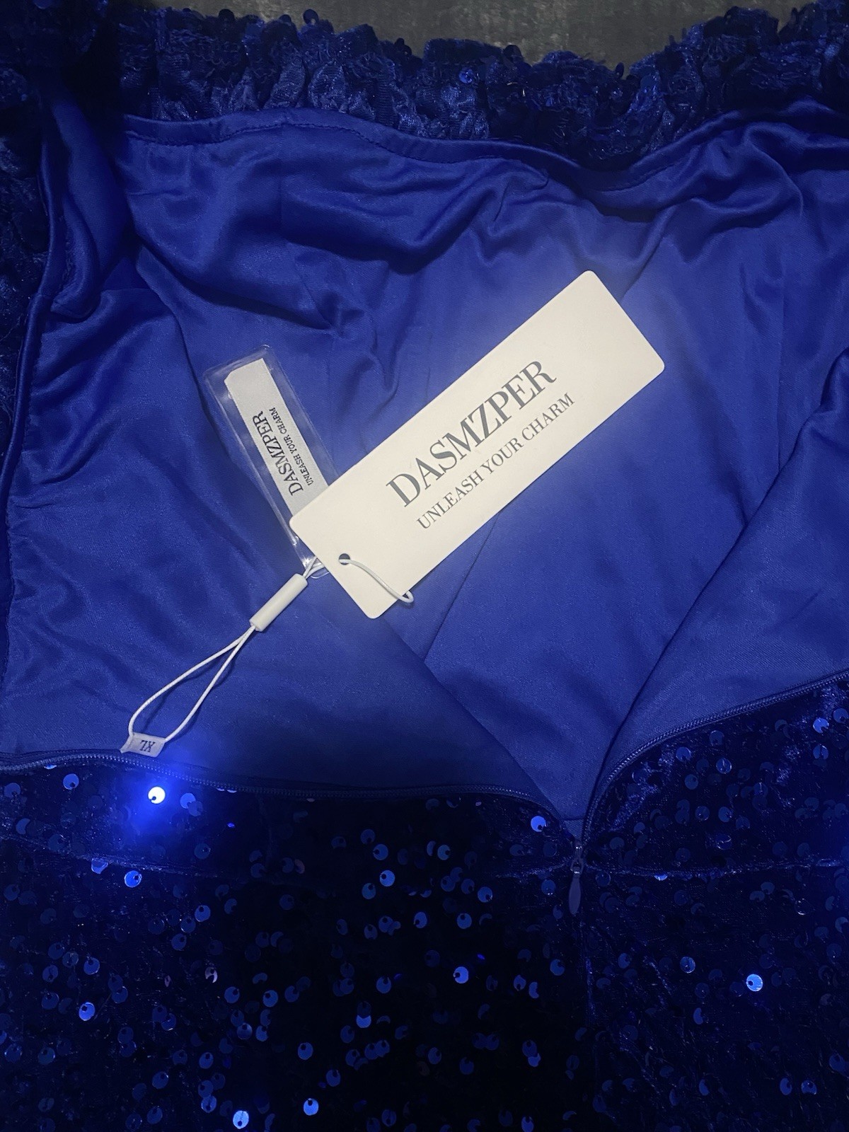 Dasmzper Blue Sequin Off Shoulder Bodycon Dress XL Ruffle Sleeve Zip Long